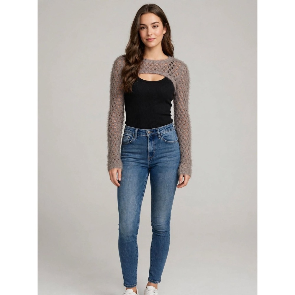Urban Outfitters Women's Fuzzy Shrug Sweater Ultra Crop Taupe S/P Soft